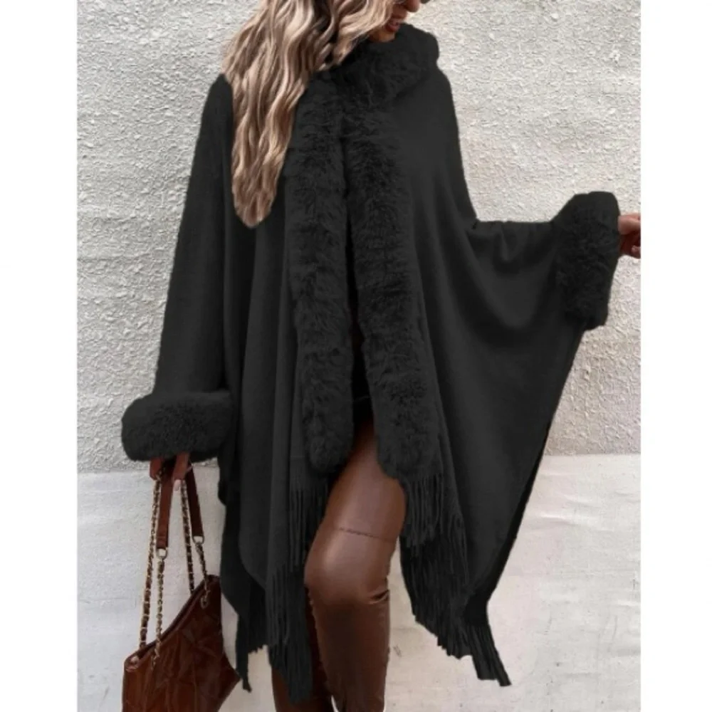 Cozy vegan fur dolman sleeve tssel poncho shawl scarf wrap cardigan - Picture 11 of 16